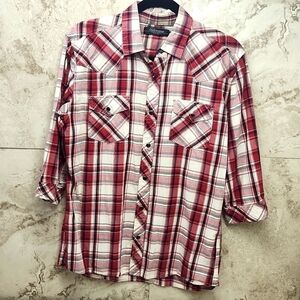 VINTAGE • Gilevans Flannel Button Down Long Sleeve large red black light weight